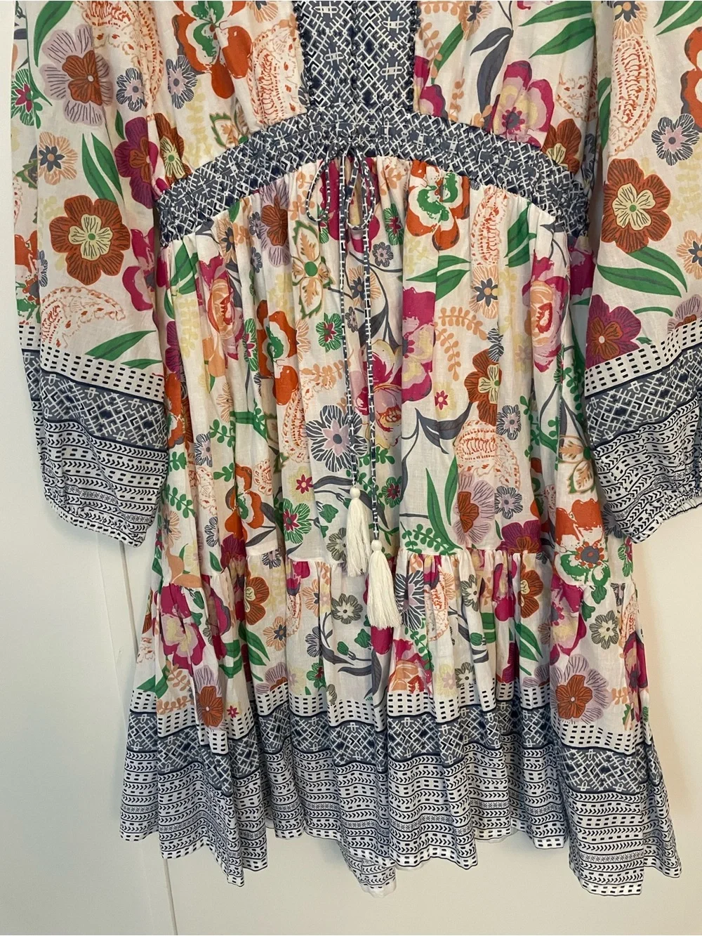 Kaktus Boho Floral Tiered Womens Dress with Blue Trim Size M V Neck Cottagecore - Picture 6 of 12